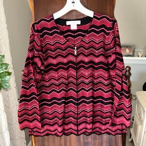 Exclusively Misook Red Pink Black Zigzag Stripe Zip Cardigan Jacket Small Petite